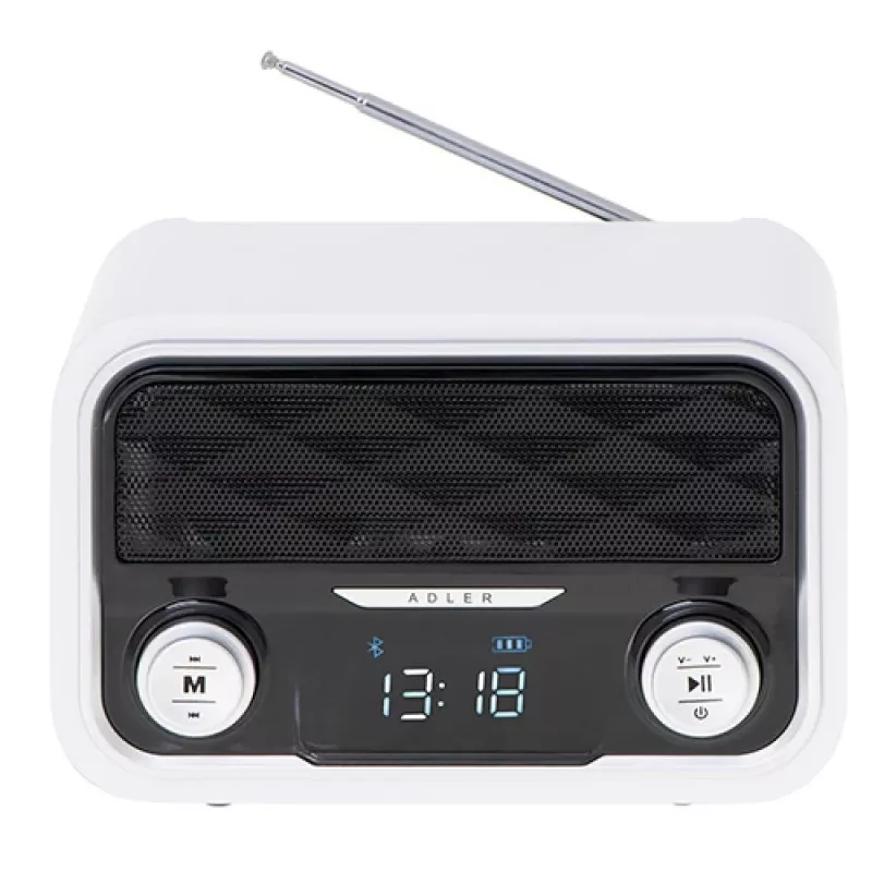 Nešiojamas radijas Adler AD 1185 — FM, Bluetooth 4.0, MP3, SD kortelė, AUX, 1800 mAh baterija, LCD ekranas, micro-USB įkrovimas