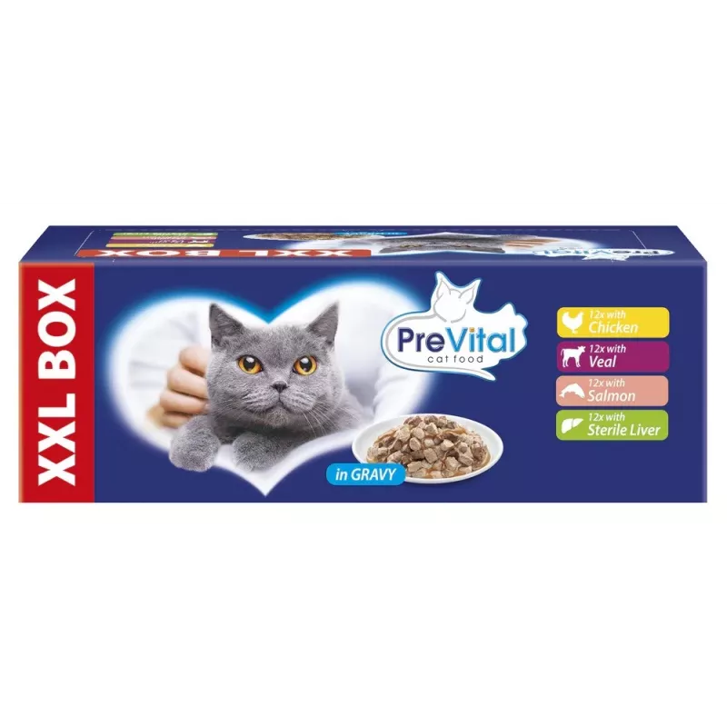 PREVITAL XXL BOX skonio mišinys su vištiena, veršiena, lašiša ir kepenėlėmis padaže - drėgnas kačių maistas - 48 x 100g