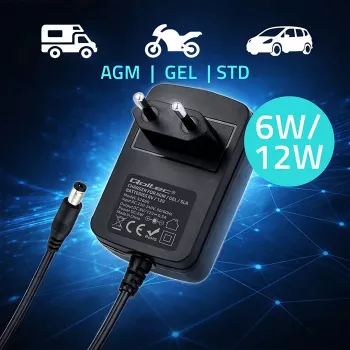 Baterijos įkroviklis QOLTEC modelis 52660 — 6V/12V, 6W įkrovimo blokas