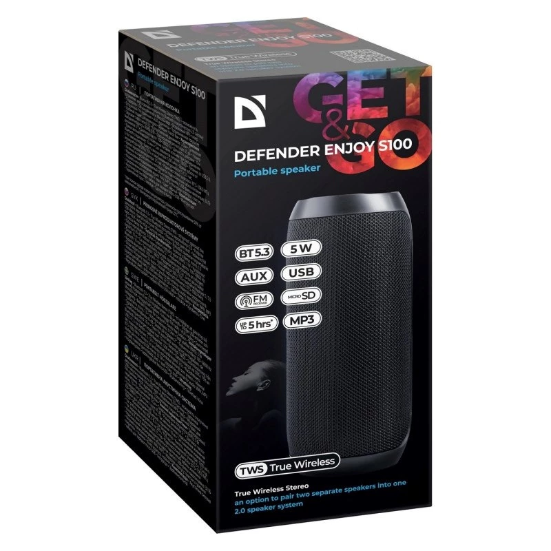 Nešiojamasis Bluetooth garsiakalbis DEFENDER ENJOY S100 — 10 W, Bluetooth 5.3, 5 val. baterija, LED apšvietimas, įmontuotas mikrofonas
