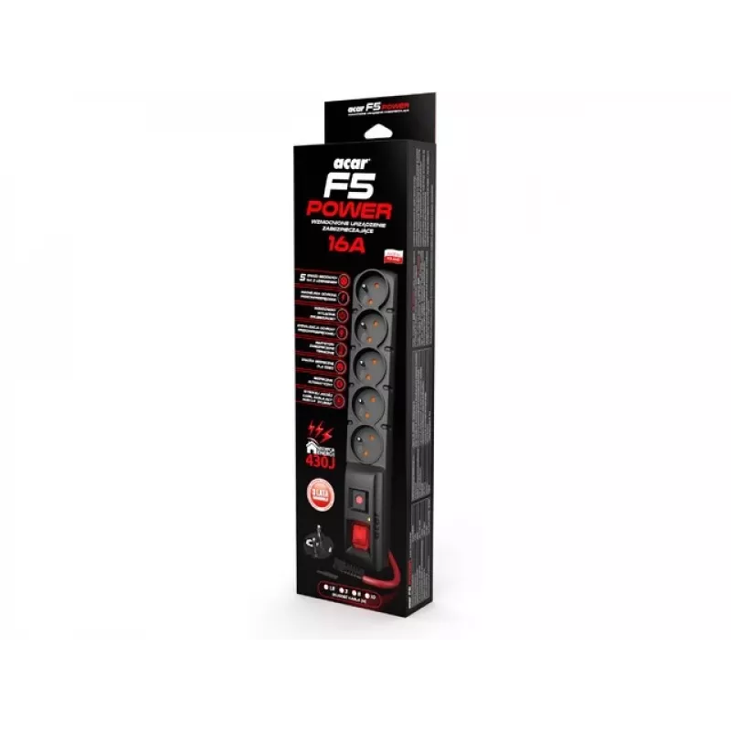AC maitinimo ilgintuvas ACAR F5 POWER Juodas 5 AC lizdai 230 V 5 m