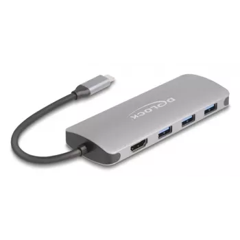 USB-C šakotuvas DELOCK 64323 — USB 3.2 Gen 2 Type-C priegloba, HDMI + 2× USB-A + 2× USB-C, 10 Gbit/s, pilkas
