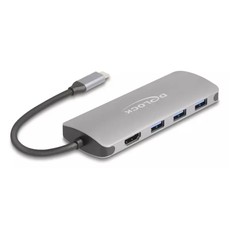 USB-C šakotuvas DELOCK 64323 — USB 3.2 Gen 2 Type-C priegloba, HDMI + 2× USB-A + 2× USB-C, 10 Gbit/s, pilkas