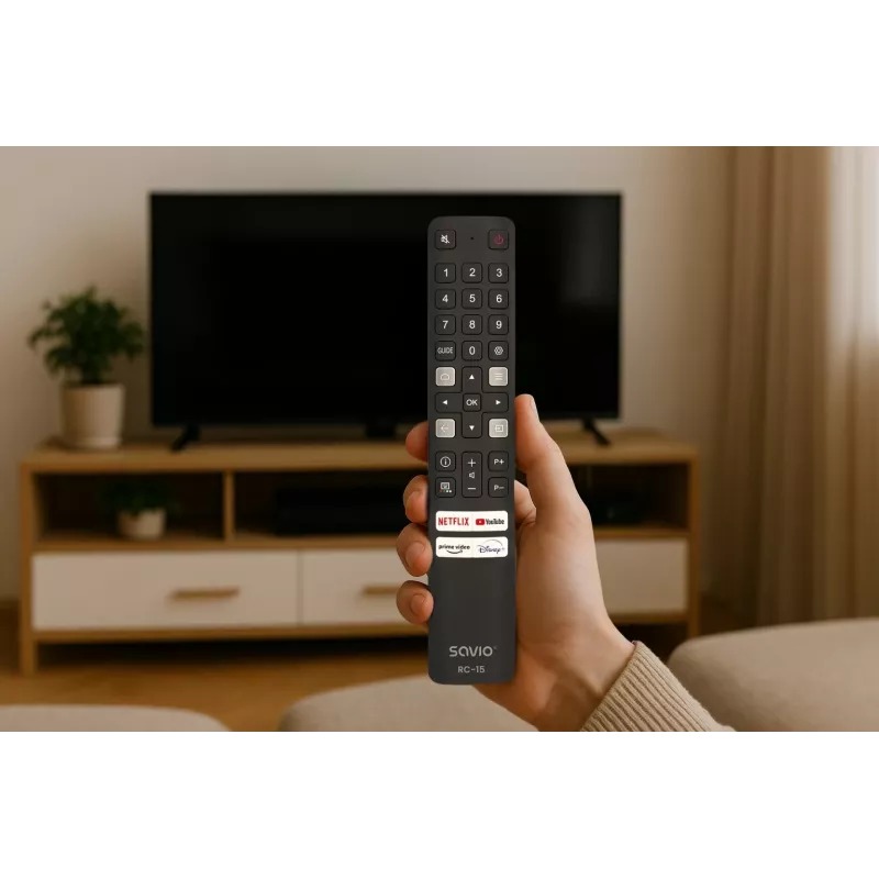 SAVIO universalus televizoriaus nuotolinio valdymo pultas RC-15, skirtas TCL SMART TV, IR belaidis, juodas, veikimo nuotolis 10 m
