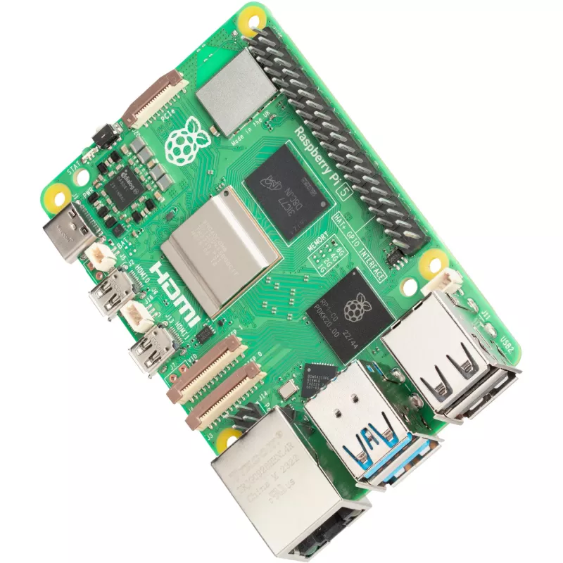 Vienplokštis kompiuteris Raspberry Pi 5 kūrimo plokštė — 2400 MHz Arm Cortex-A76, iki 16 GB LPDDR4x, MicroSD, USB 3.2, Wi‑Fi 5