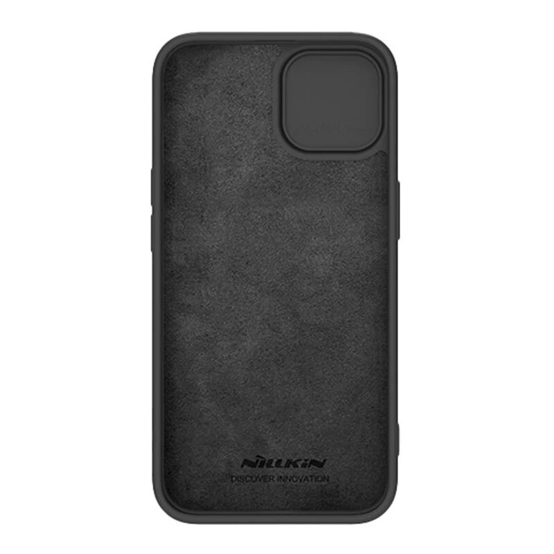 Telefono silikoninis dėklas Nillkin CamShield, skirtas iPhone 15 Plus — juodas, su integruota slankiojančia kameros apsauga