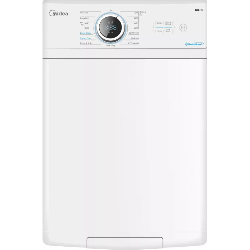 Midea skalbimo mašina | MF100T60B/W-HR | Energijos efektyvumo klasė A | Vertikali įkrova | Skalbimo talpa 6 kg | 1200 aps./min. | Gylis 61 cm | Plotis 40 cm | Ekranas | LED | Garų funkcija | W
