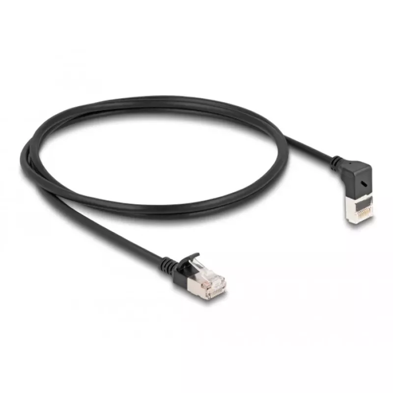 DeLOCK RJ45 tinklo kabelis Cat.6A S/FTP Plonas 90° į viršų kampuotas 1 m juodas