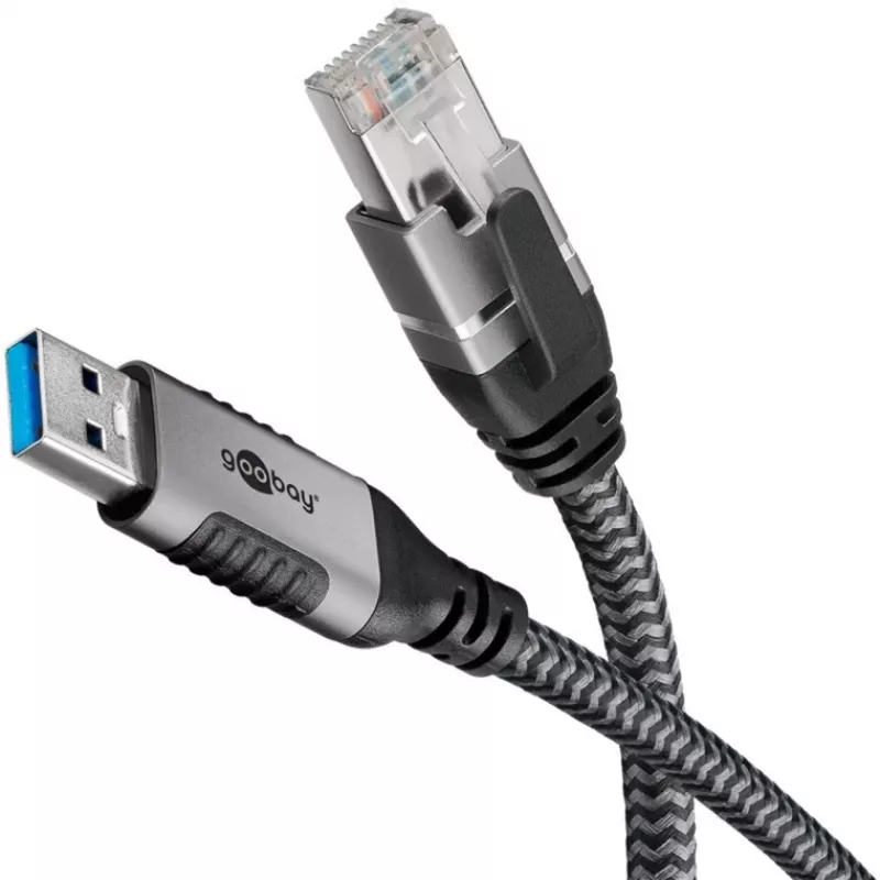 Wentronic goobay - Tinklo kabelis - USB A tipo (vyriškas) į RJ-45 (vyrišką) - 1,0 m - 6 mm - FTP - CAT 6 - USB 3.0 - pintas kabelis - juoda, sidabrinė (70299)