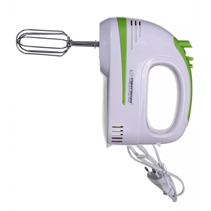 Rankinis plakiklis ESPERANZA EKM011 — 400 W, 5 greičių, turbo, tešlos kabliukai ir plakikliai, 220–240 V, balta / šviesiai žalia