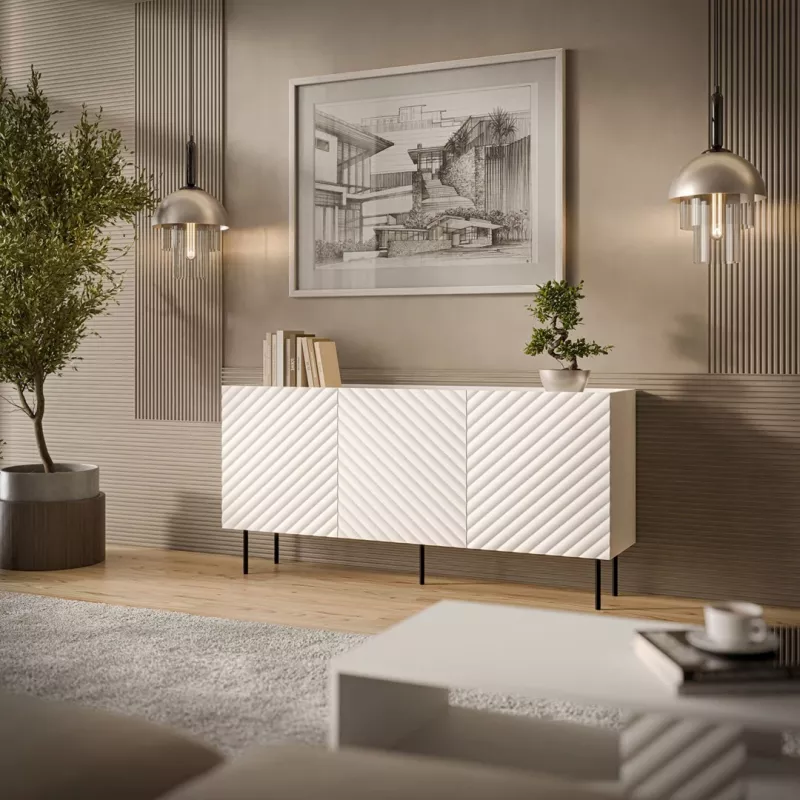 Komoda Cama Meble LUCCA 3D 165x40x80 cm, balta, medžio drožlių plokštės korpusas