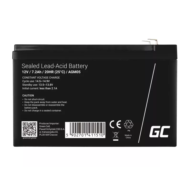 UPS baterija Green Cell AGM05 — 12 V 7,2 Ah sandari švino rūgštinė (VRLA), 95 mm A, 151×65 mm, 2,15 kg