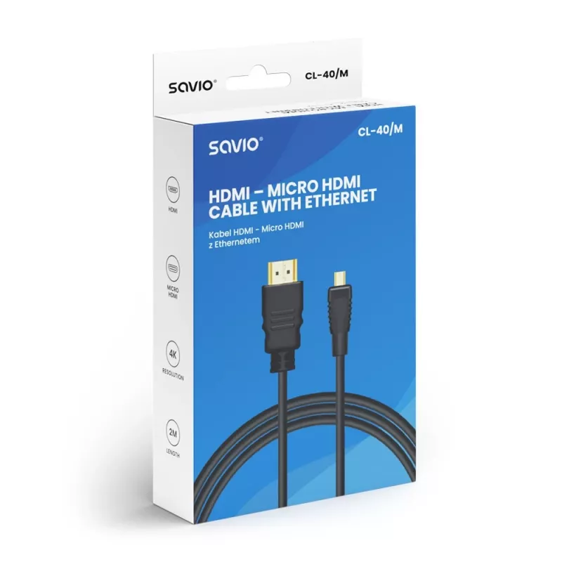 Savio CL-40/M HDMI (M) - micro HDMI (M) laidas su Ethernet, 2m, Juoda