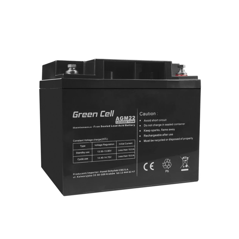 UPS baterija Green Cell AGM22 — sandari švino rūgštinė 12V 40Ah (VRLA), 170×165×197 mm, 12,1 kg