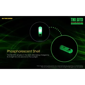 Raktų pakabuko žibintuvėlis Nitecore TIKI GITD pilkas — USB įkraunamas, 1 lm, 55 mm, 12 g, IP66