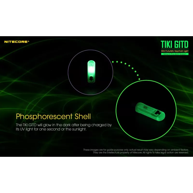 Raktų pakabuko žibintuvėlis Nitecore TIKI GITD pilkas — USB įkraunamas, 1 lm, 55 mm, 12 g, IP66