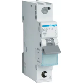 Hager MBS113. Rated Current: 13 A, AC Input Frequency: 50/60 Hz. Type: B-type, Module Quantity (max): 1 Module(e). Width: 17,5 mm, Gylis: 70 mm, Aukštis: 83,4 mm (MBS113)