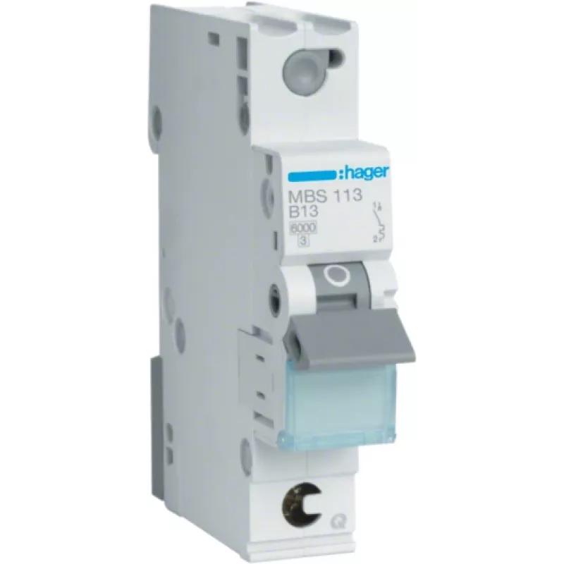 Hager MBS113. Rated Current: 13 A, AC Input Frequency: 50/60 Hz. Type: B-type, Module Quantity (max): 1 Module(e). Width: 17,5 mm, Gylis: 70 mm, Aukštis: 83,4 mm (MBS113)