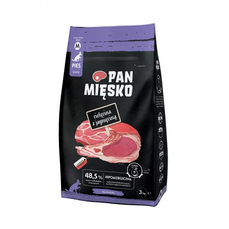 Sausas šunų pašaras Pan Miesko su veršiena ir ėriena, 3 kg — suaugusiems šunims, baltymai 23 %, riebalai 15 %, drėgmė 9 %