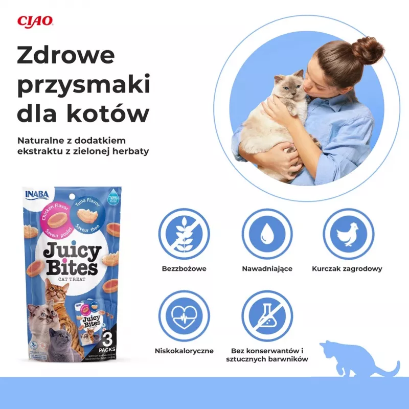 Šlapi kačių skanėstai INABA Juicy Bites su vištiena ir tunu, 3 x 11 g pakeliuose, be grūdų, baltymai 24%, drėgmė 71%