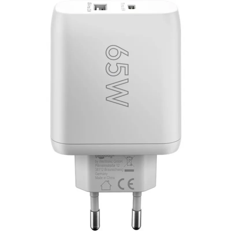 USB-C dviejų greitų įkroviklių, PD, GaN, 65 vatų (baltas, 1x USB-C, 1x USB-A, maitinimo tiekimas)