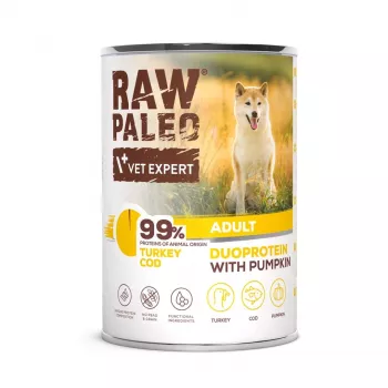 RAW PALEO Duoprotein Turkija ir menkė suaugusiems - šlapias šunų pašaras - 400g