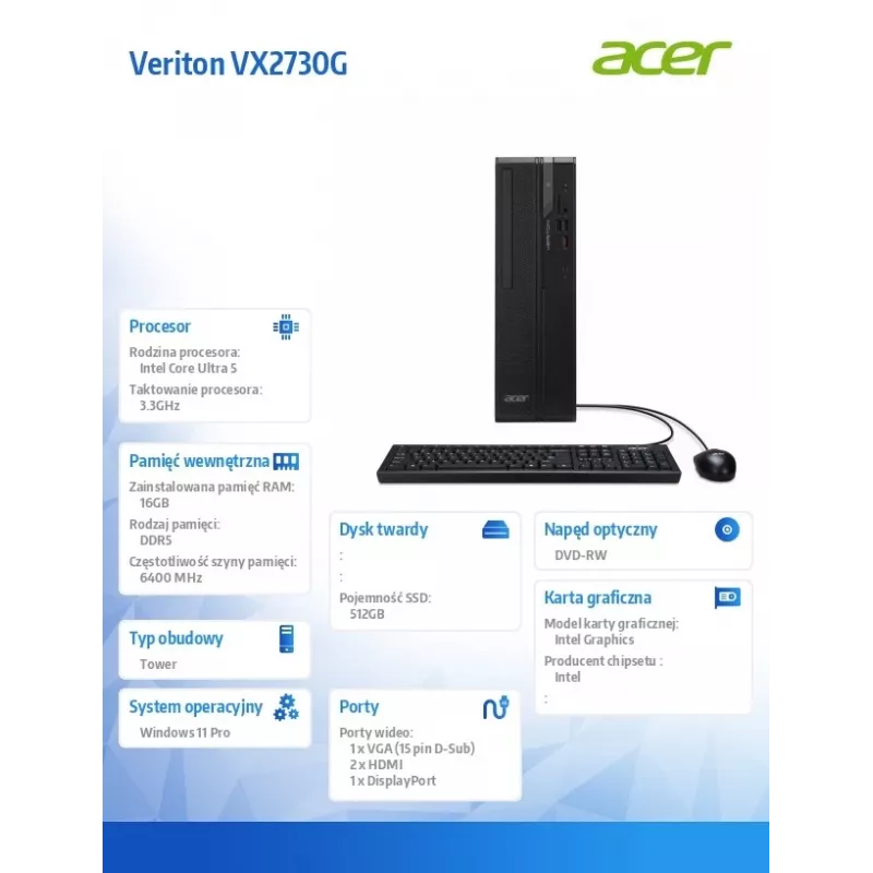 Stalinis kompiuteris Acer Veriton VX2730G U5 225 su 16 GB RAM ir 512 GB SSD, Windows 11 Pro