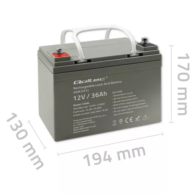 Hermetiška AGM UPS baterija QOLTEC 53084 12V 36Ah LongLife