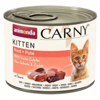 Drėgnas kačių ėdalas animonda Carny Kitten jautiena su kalakutiena 200 g – visavertis patiekalas kačiukams, 80 % drėgmės, 10,5 % baltymų