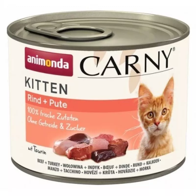 Drėgnas kačių ėdalas animonda Carny Kitten jautiena su kalakutiena 200 g – visavertis patiekalas kačiukams, 80 % drėgmės, 10,5 % baltymų