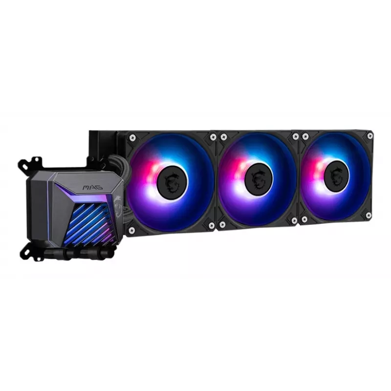Vandens aušintuvas MSI MAG Coreliquid A15 360 — 3x 120 mm ventiliatoriai, radiatorius 394 x 120 x 27 mm, siurblys 5V, RGB, palaiko LGA 1851