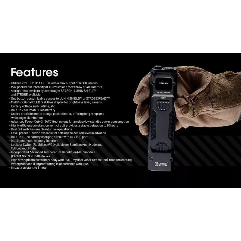 Rankinis žibintuvėlis Nitecore EDC29, nerūdijančio plieno korpusas, 2 šviesos diodai, 15–6500 lm, IP54, įkraunamas per USB