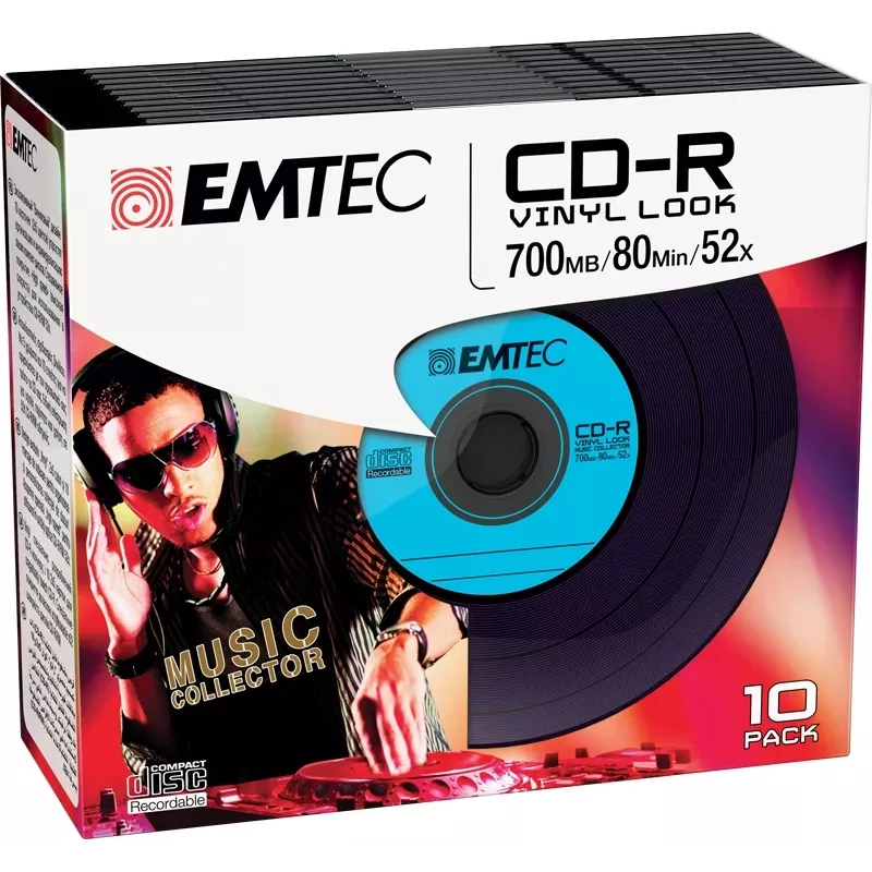 EMTEC Vinyl Look - 10 x CD-R - 700 MB (80 min.) 52x - mėlyna, geltona, alyvinė, žalia, rožinė - plonas jewel dėklas
