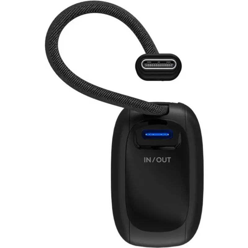 5 000 mAh maitinimo baterija, integruotas USB-C laidas 13 cm, 20 vatų (juoda, 5 Ah, 1x USB-A, 1x USB-C, PD, QC)