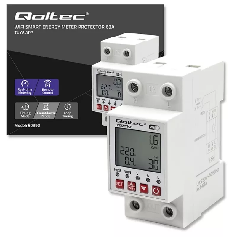 DIN bėgio WiFi relė QOLTEC 50990, vieno kanalo, 63A perjungimas elektros apskaitai ir nuotoliniam valdymui