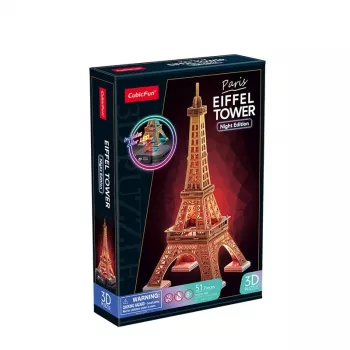 3D dėlionė Cubicfun Eifelio bokštas naktinė versija LED, Cubicfun, modelis 306-L534H – apšviečiama architektūrinė 3D dėlionė