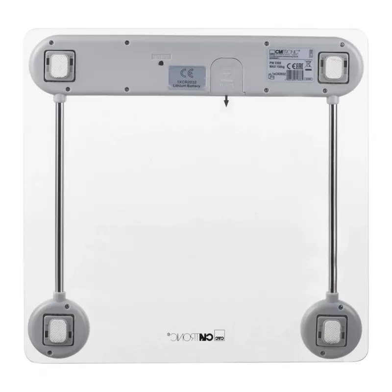 Asmeninės elektroninės svarstyklės CLATRONIC PW 3368 — maks. 150 kg, tikslumas 100 g, stiklinė platforma