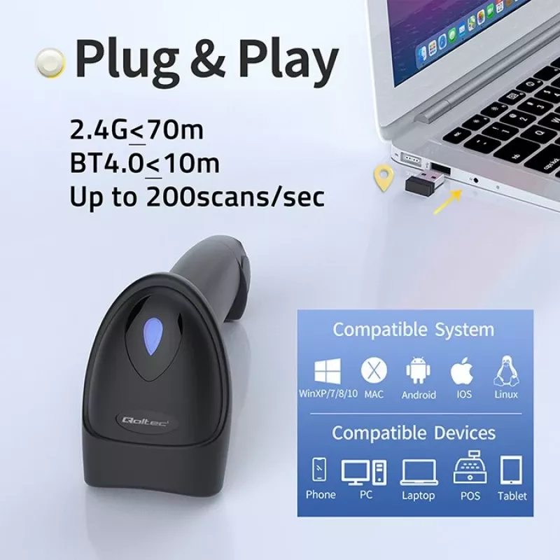 Brūkšninių kodų skaitytuvas QOLTEC 50880 1D/2D USB — rankinis skaitytuvas su USB sąsaja