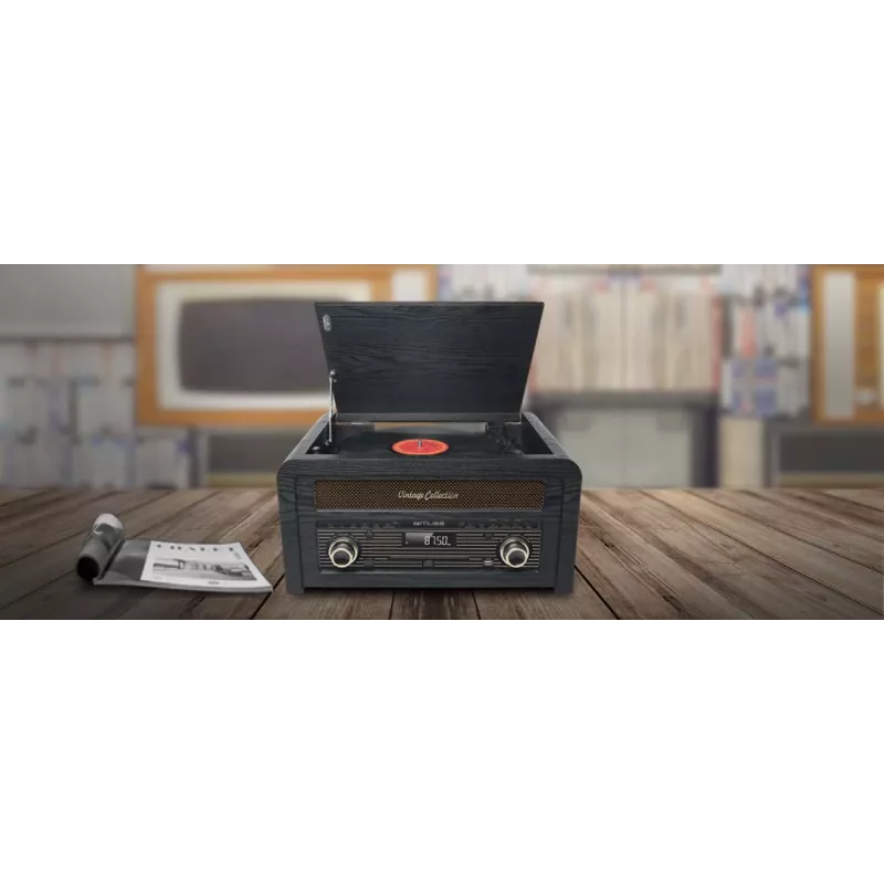 Patefonas muse MT-115 W — juoda/auksinė, 33-45-78 RPM, J formos tonearas, sukamasis garsumas, 240 V kintamoji srovė