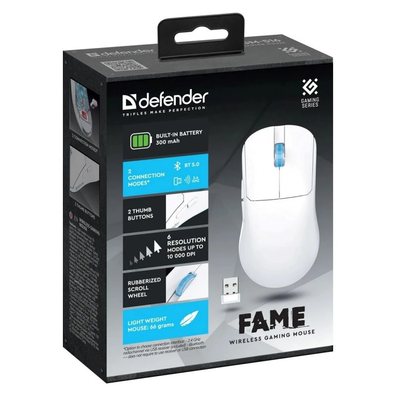 BELAIDĖ PELĖ DEFENDER FAME GM-516 RF+BT 10000DPI 6P BALTA