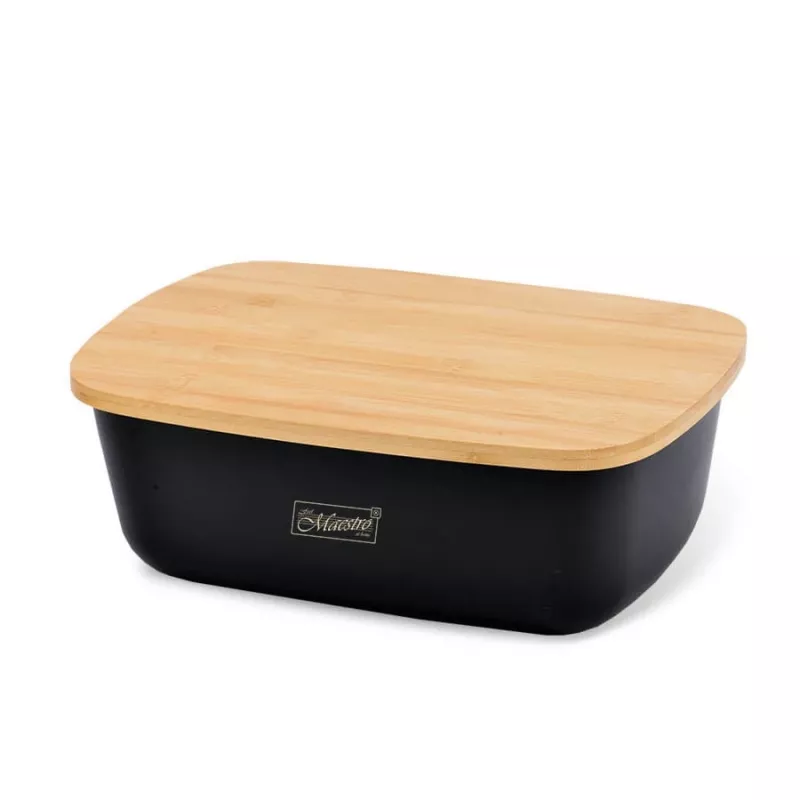 „Breadbox Maestro MR-1776-Juoda“ stalviršio duonos dėžė, plastikinis korpusas su mediniu dangčiu, 345×235×130 mm