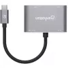 Manhattan USB-C dokas / šakotuvas, prievadai (x4): HDMI, USB-A, USB-C ir VGA, su Power Delivery (PD) 87 W – reikalingas išorinis USB-C įkroviklis (nepridedamas). Maitinamas per USB (nereikia išorinio maitinimo šaltinio), kai PD nenaudojamas, aliuminis