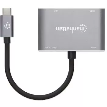 Manhattan USB-C dokas / šakotuvas, prievadai (x4): HDMI, USB-A, USB-C ir VGA, su Power Delivery (PD) 87 W – reikalingas išorinis USB-C įkroviklis (nepridedamas). Maitinamas per USB (nereikia išorinio maitinimo šaltinio), kai PD nenaudojamas, aliuminis