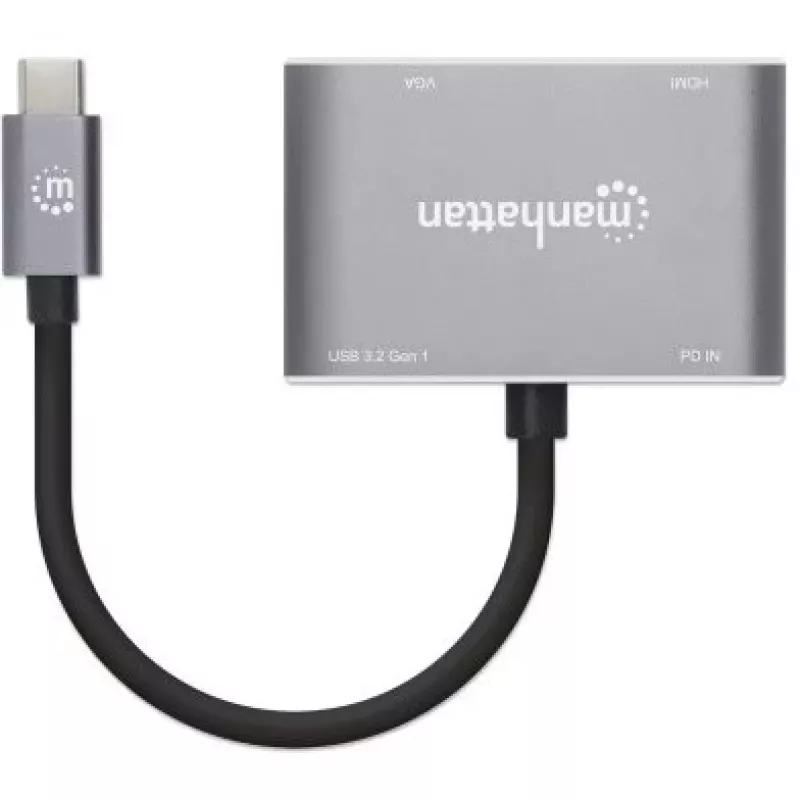 Manhattan USB-C dokas / šakotuvas, prievadai (x4): HDMI, USB-A, USB-C ir VGA, su Power Delivery (PD) 87 W – reikalingas išorinis USB-C įkroviklis (nepridedamas). Maitinamas per USB (nereikia išorinio maitinimo šaltinio), kai PD nenaudojamas, aliuminis