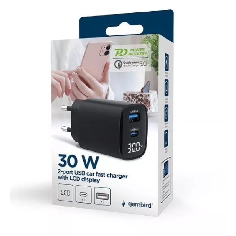 Mobiliųjų įrenginių įkroviklis Gembird TA-UC-PDQC30LCD-BK-01 Greitas įkrovimas Juodas