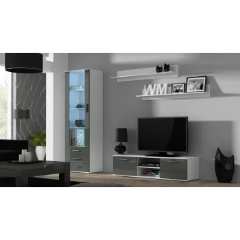 TV staliukas cama meble SOHO 140 — 1400×430×370 mm, baltas viršus, medžio drožlių plokštė, baltas rėmas, baltos/pilkos spalvos blizgesys