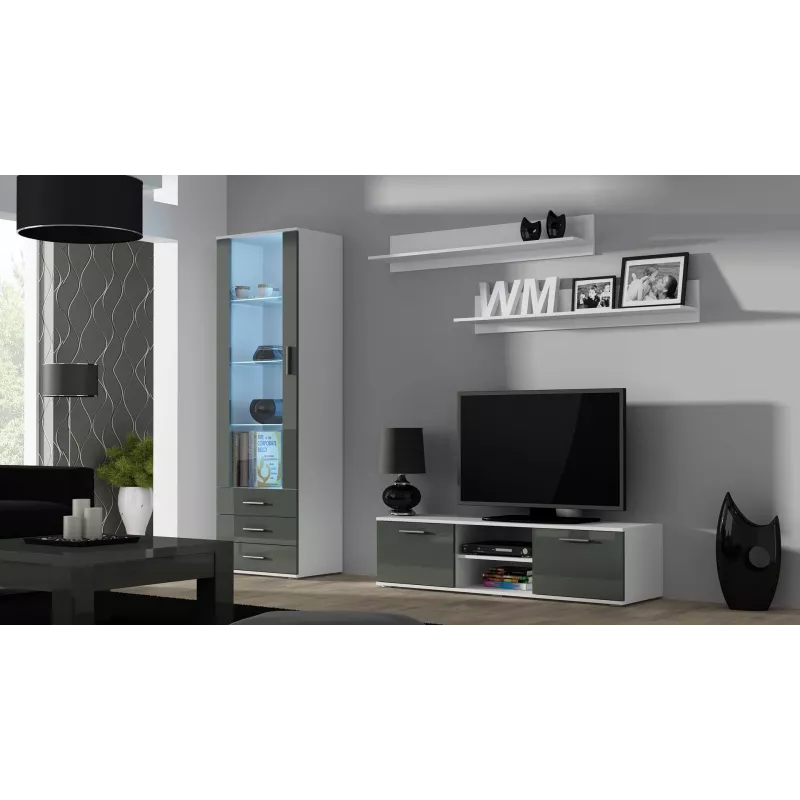 TV staliukas cama meble SOHO 140 — 1400×430×370 mm, baltas viršus, medžio drožlių plokštė, baltas rėmas, baltos/pilkos spalvos blizgesys