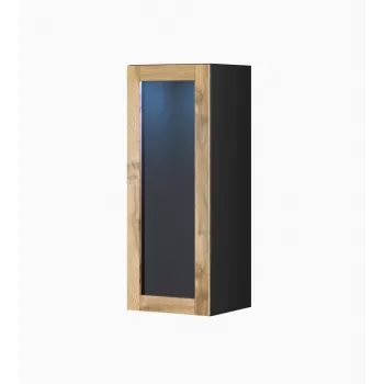 Vitrina cama meble VIGO 90 stiklinė, montuojama prie sienos, 90×35×32 cm, juoda/wotan ąžuolas