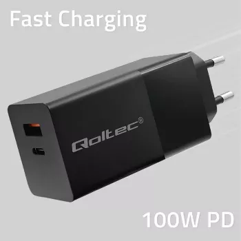 Qoltec 52382 GaN POWER PRO charger | 1xUSB type C | 1xUSB A | 100W | 5-20V | 1.5-5A | PD | Juoda