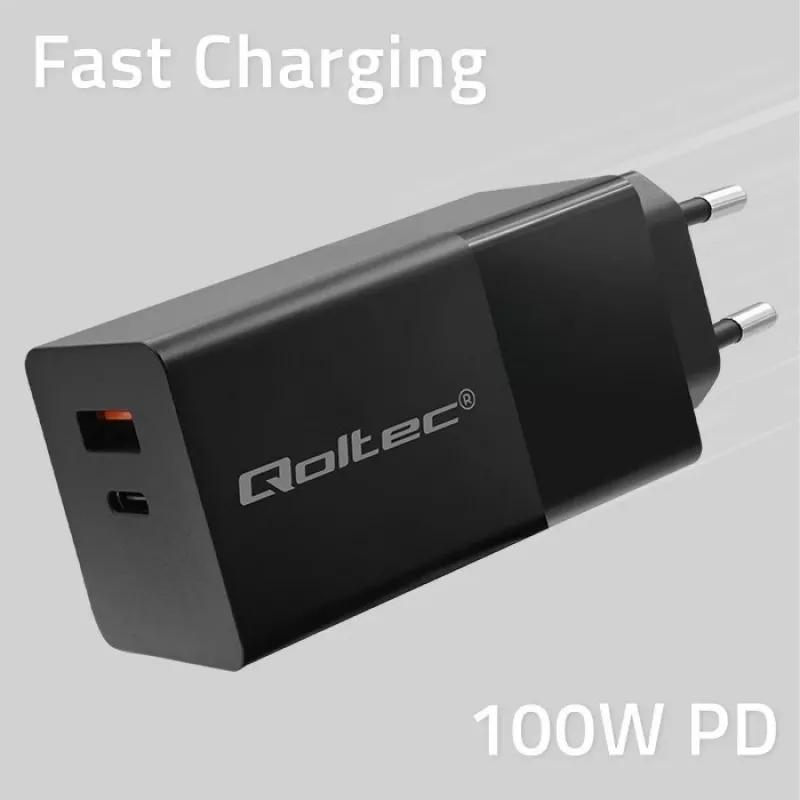 Qoltec 52382 GaN POWER PRO charger | 1xUSB type C | 1xUSB A | 100W | 5-20V | 1.5-5A | PD | Juoda